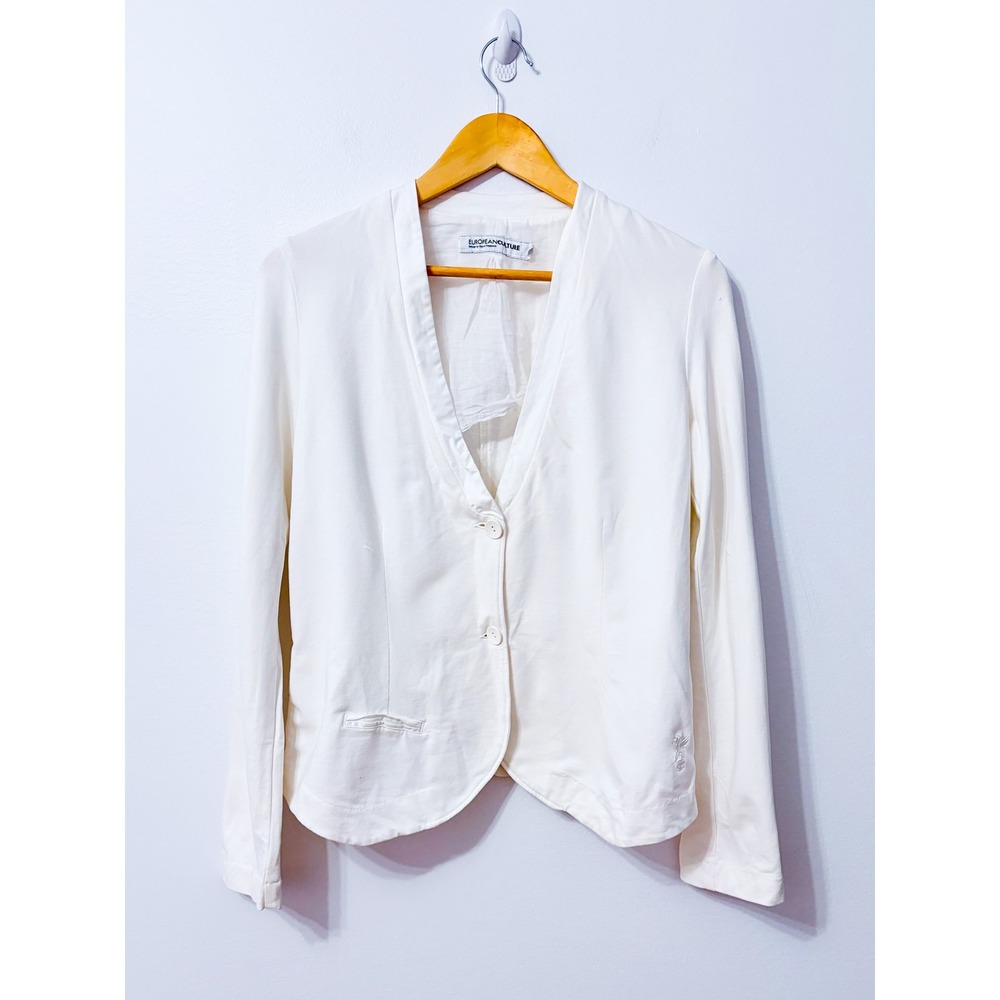 EUROPEAN CULTURE White Cotton Stretch Collarless Button Front Blazer Medium